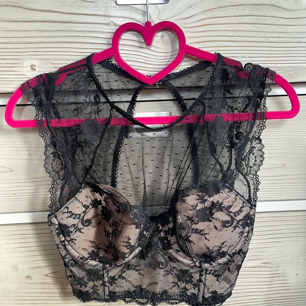 Victoria's Secret Black and Tan Lace Bustier Bra 32DD 32E NWOT